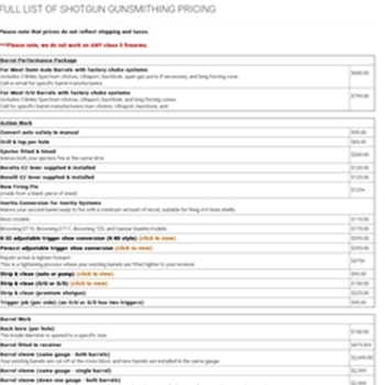 FULL LIST OF SHOTGUN GUNSMITHING PRICING